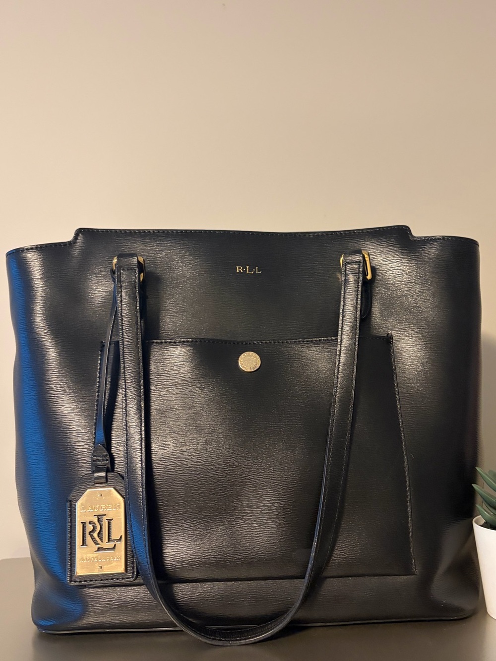 RALPH LAUREN Black Leather Tote with Gold Accents